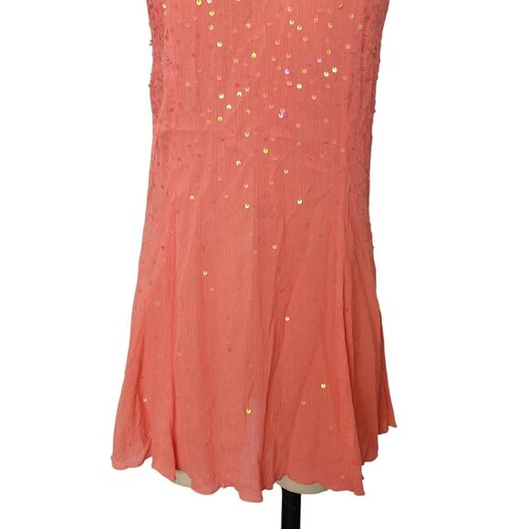 Free People Seeking Sequins Mini Slip Dress Size S Coral Pink Tassels Gauze - Picture 3 of 7